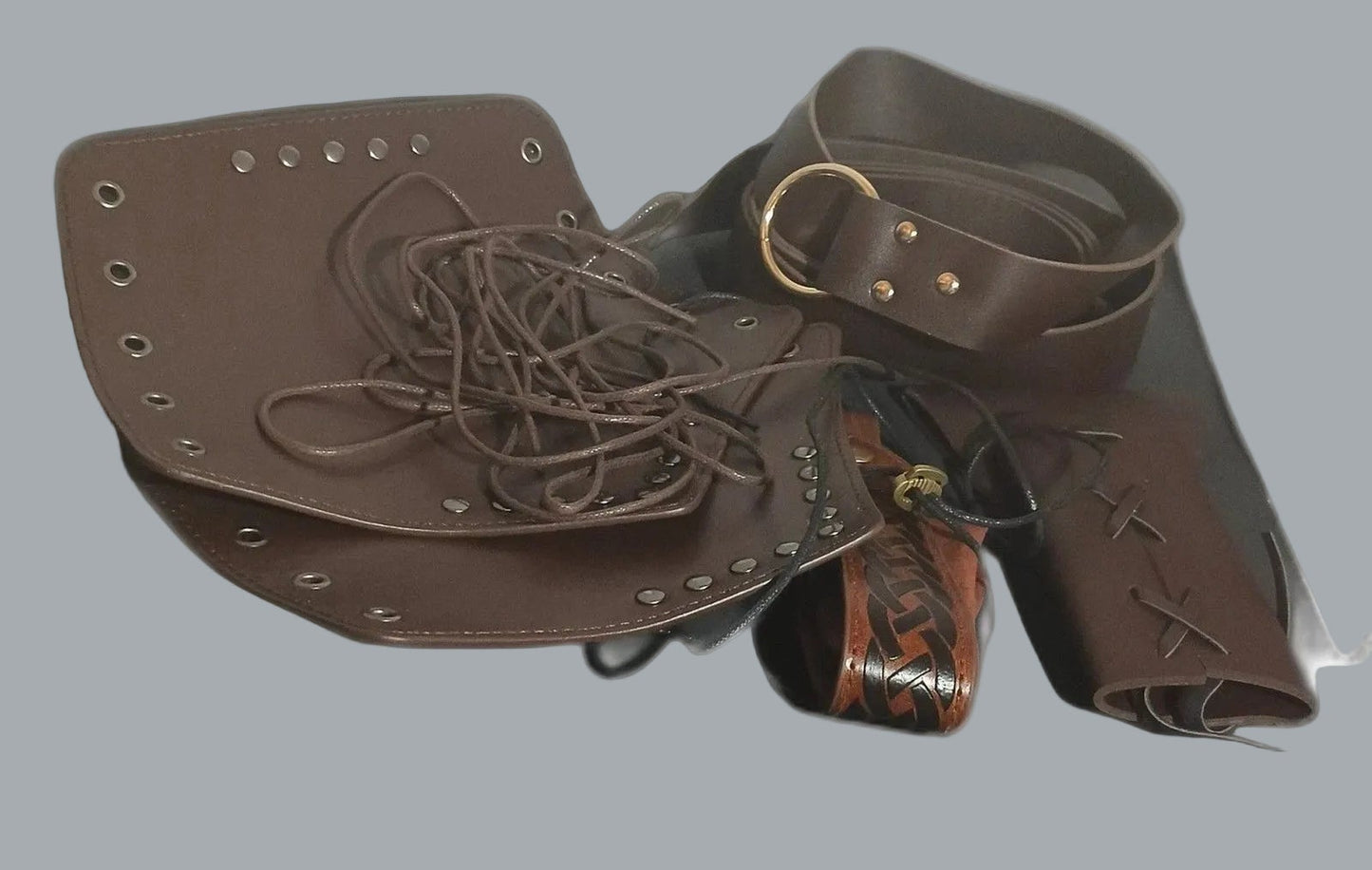 5pc Brown Faux Leather LARP Set Belt Pouch Scabbard + 2 Bracers NWT