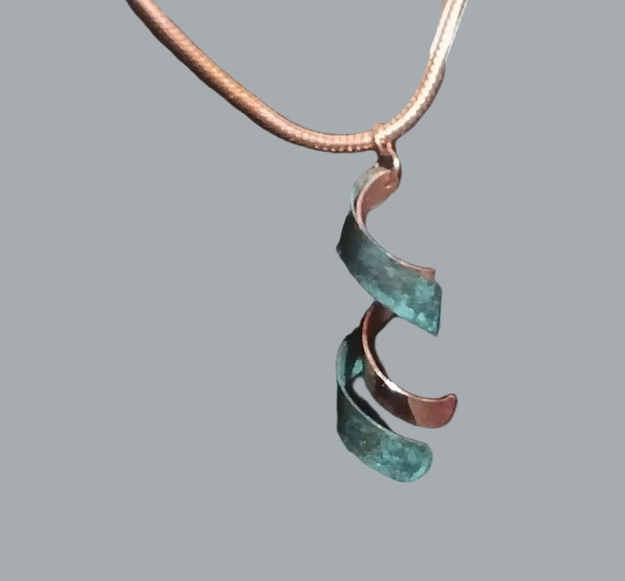Copper Spiral Pendant Necklace Verdigris Patina Boho 20" + Extender