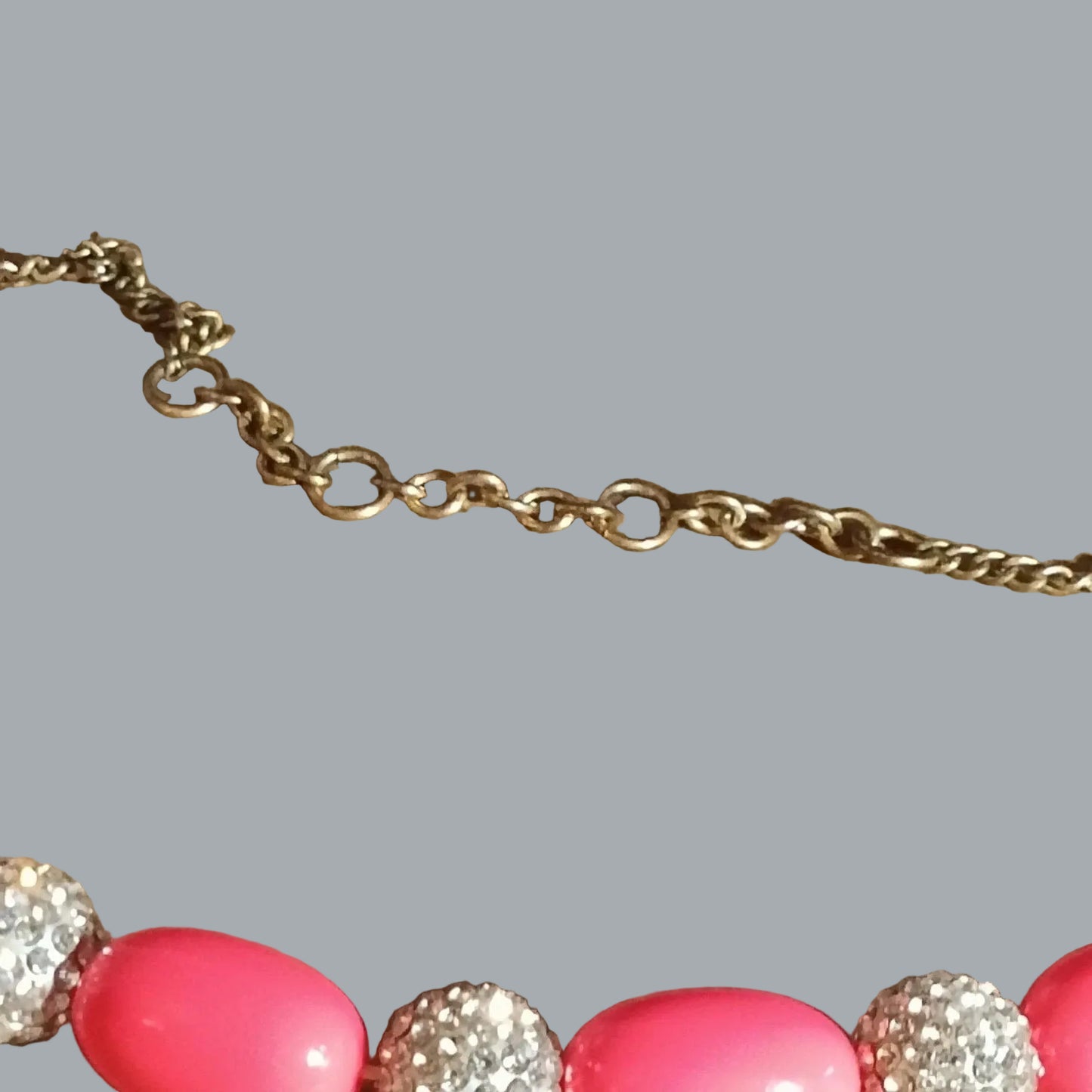 Hot Pink Bead & Rhinestone Ball Necklace 24" Gold Tone Chain Statement