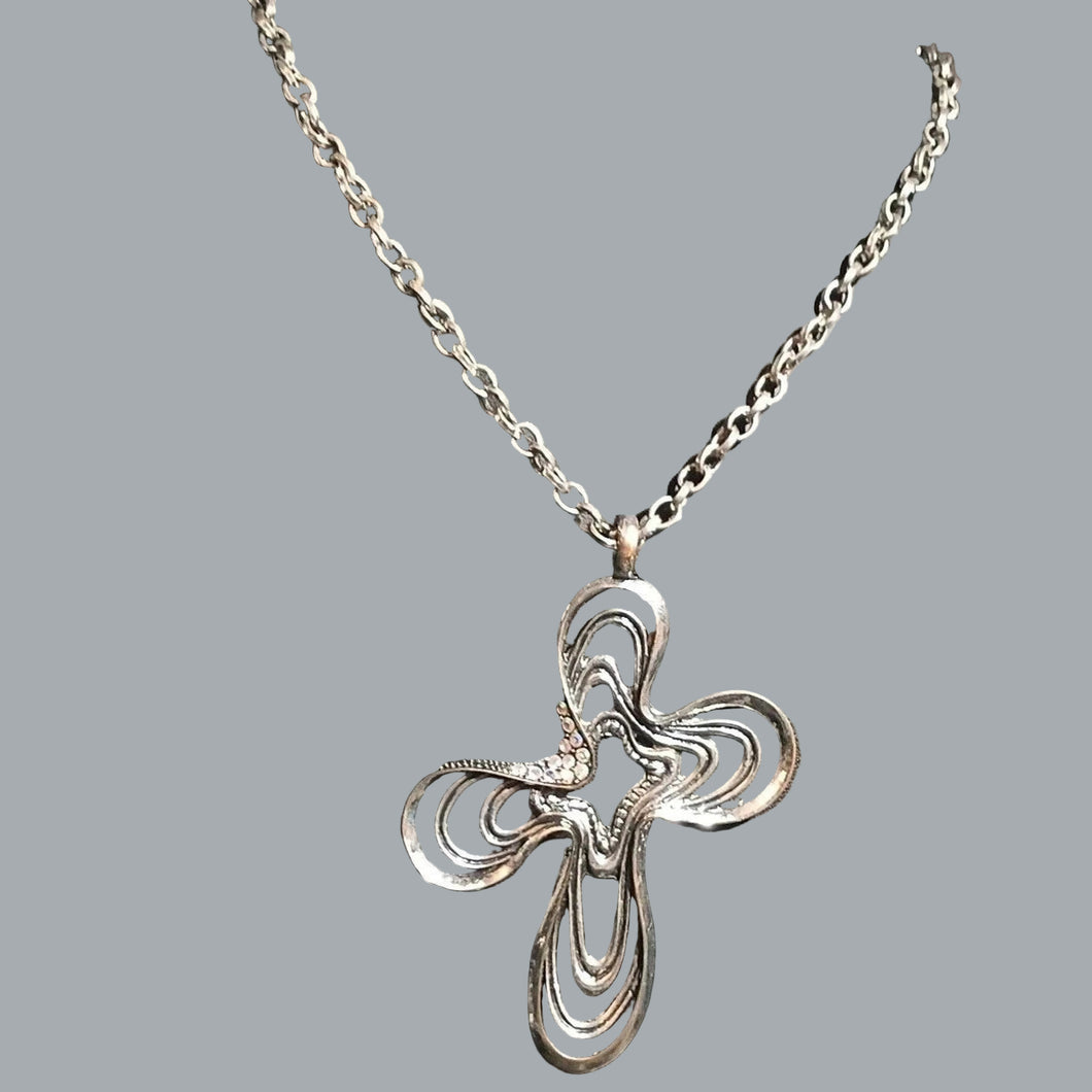 Jewelry Silver Openwork Cross Pendant Necklace Aurora Borealis Rhinestone Accent