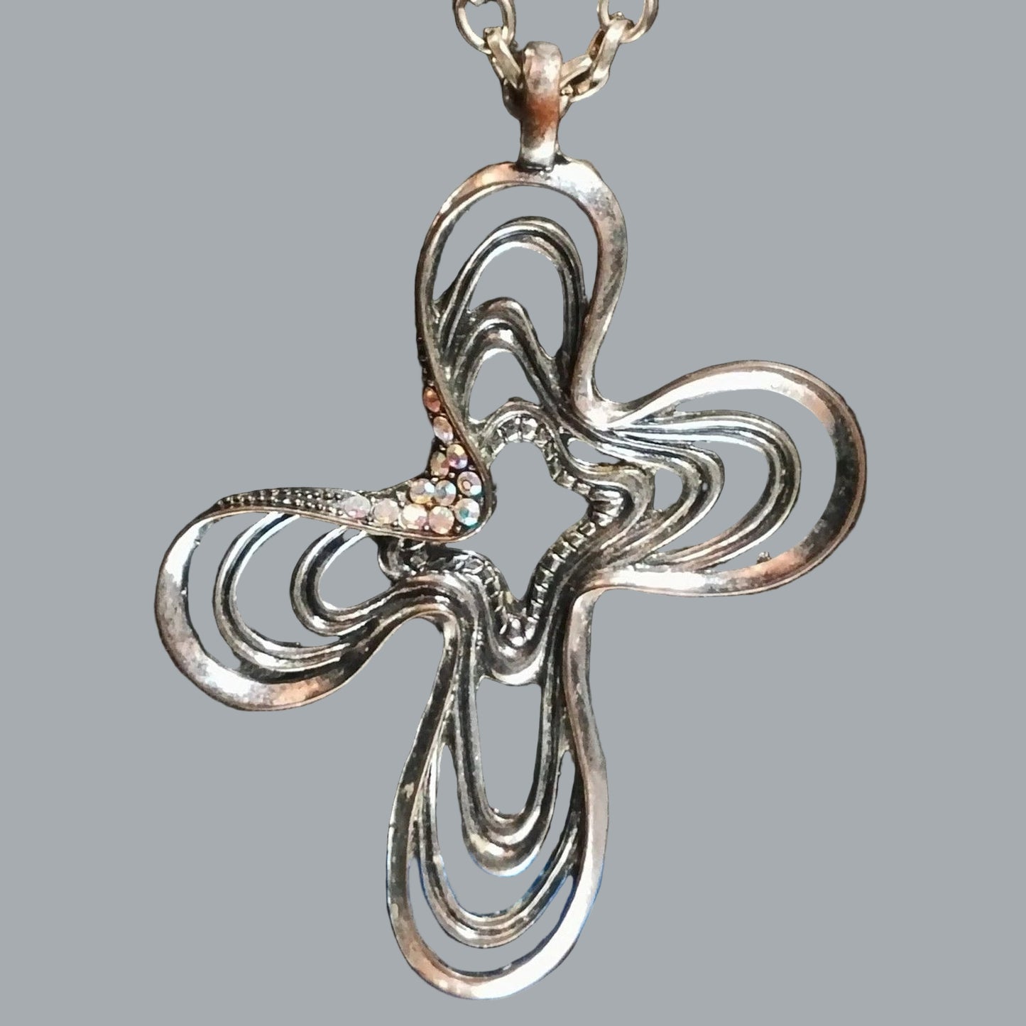 Jewelry Silver Openwork Cross Pendant Necklace Aurora Borealis Rhinestone Accent