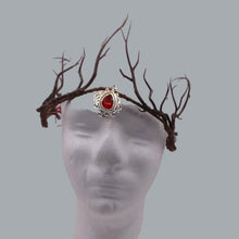Load image into Gallery viewer, Woodland Antler Crown with Red Gemstone Red Ribbon Ties OSFM
