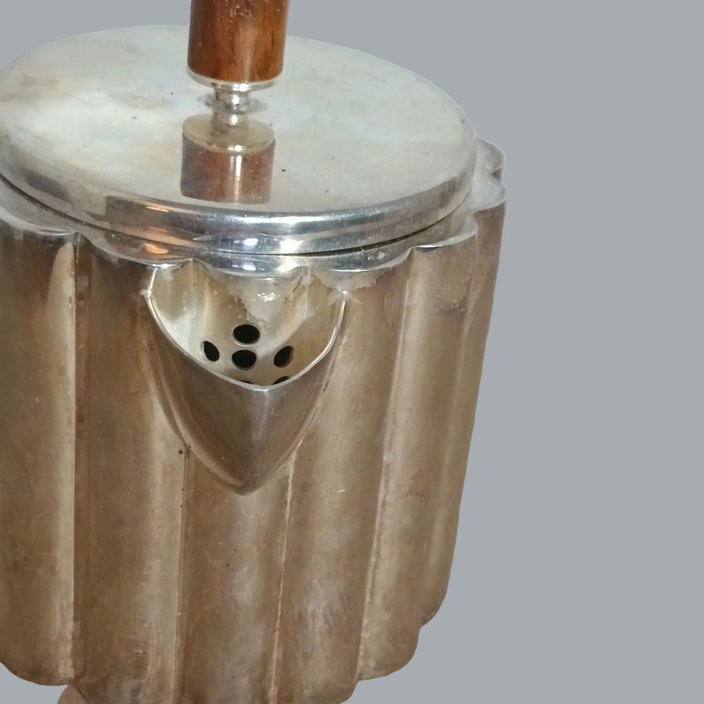 Modernist silverplate teapot wood handle Made in India 5in tall