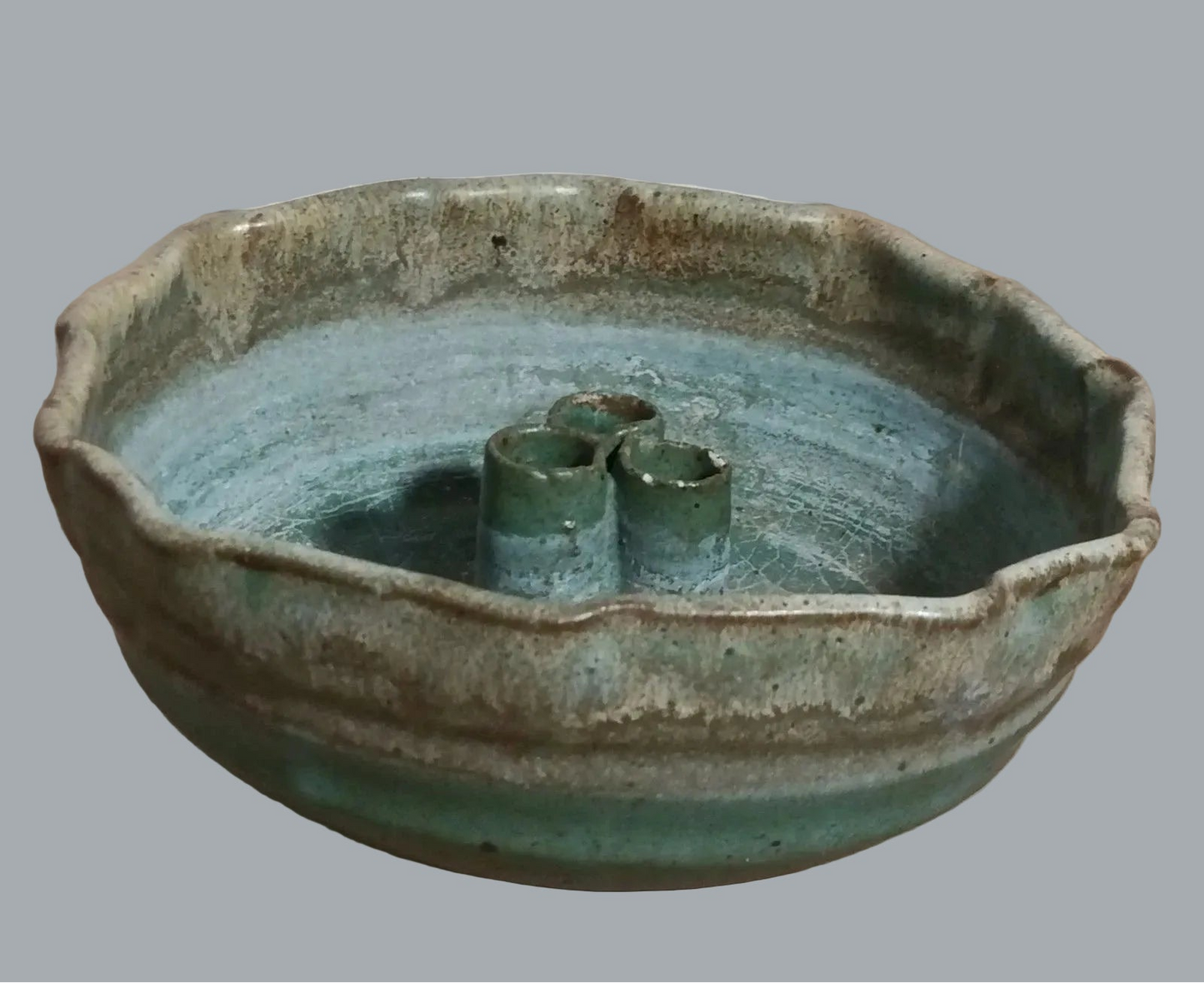 Studio Pottery Ikebana Flower Bowl Vase w/ 3 Tube Frog Green Blue Glaze