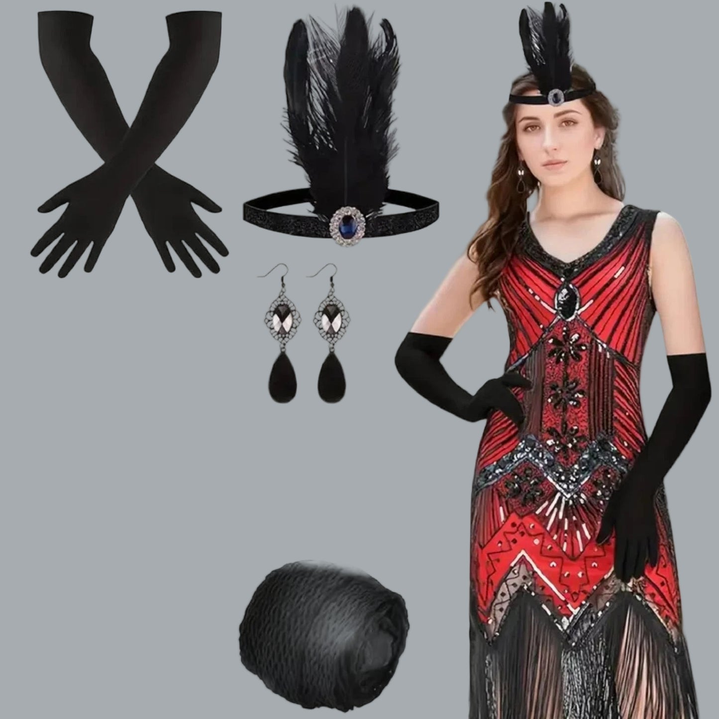 1920s Sequin Beaded V Neck Fringed Dress X-Large Red with 20s Accessories Set