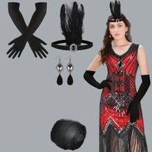 Load image into Gallery viewer, 1920s Sequin Beaded V Neck Fringed Dress X-Large Red with 20s Accessories Set
