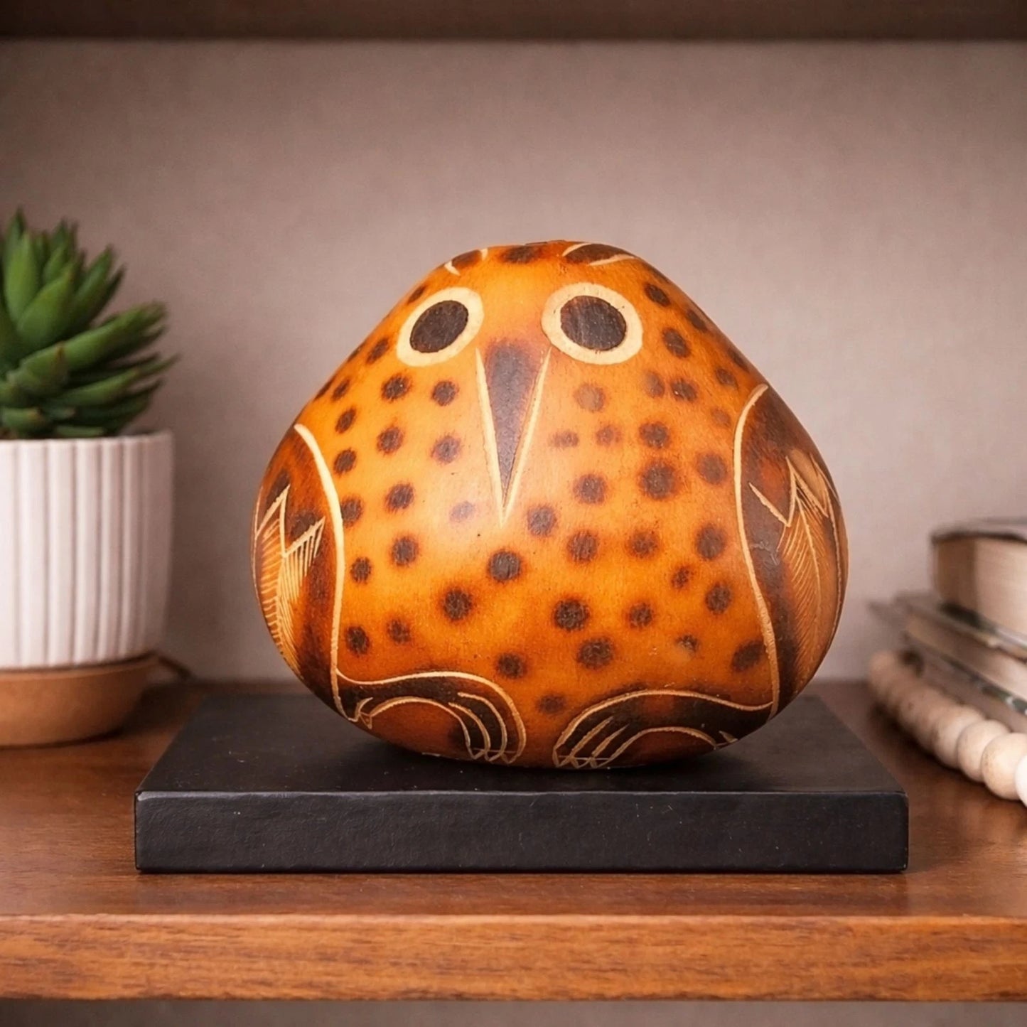 Vintage Inca Design Owl Gourd Hand Painted Andean Folk Art 4x4