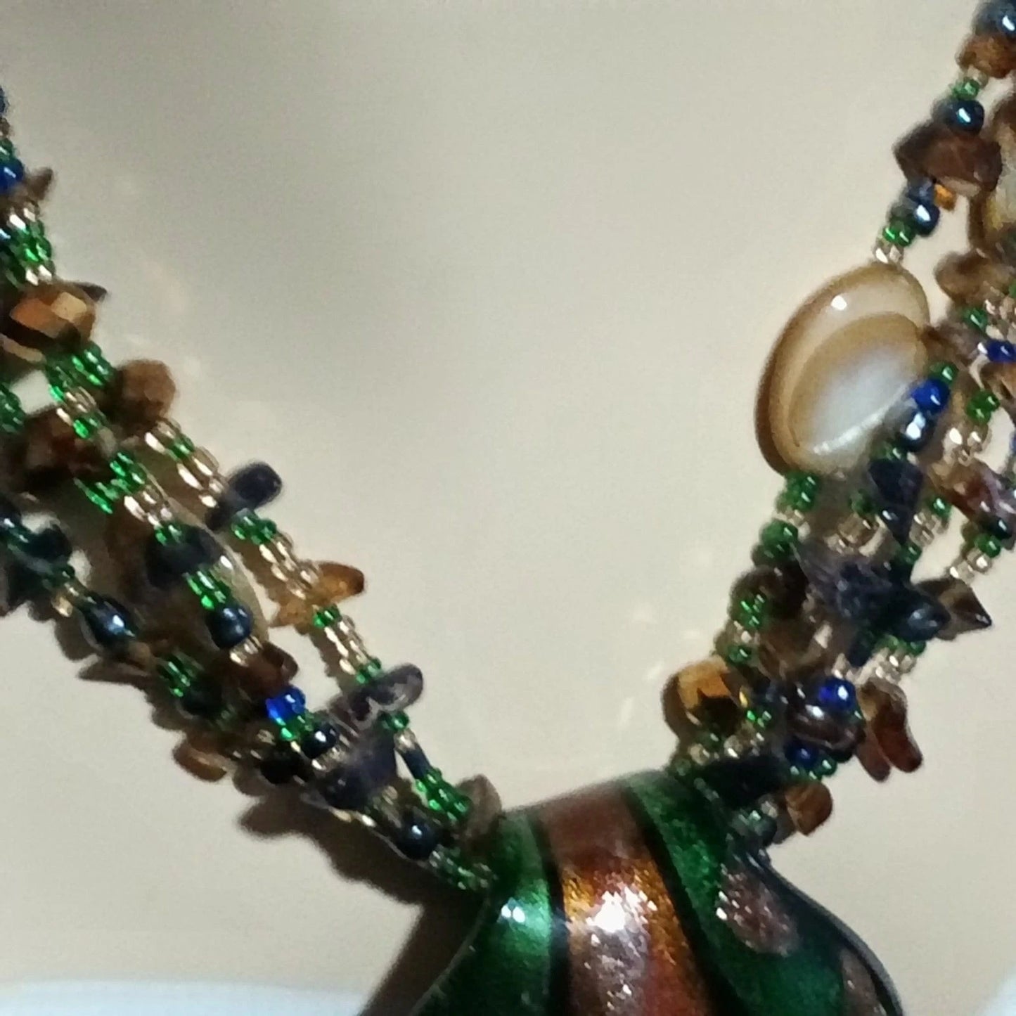 Boho Multistrand Beaded Art Glass Pendant Necklace Statement