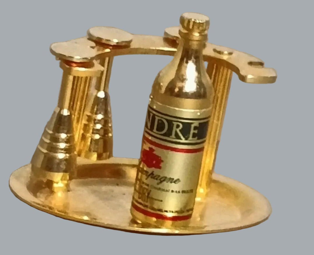 Dollhouse Mini Champagne Tray Set 1” Bottle + 3 Glasses Goldtone Metal