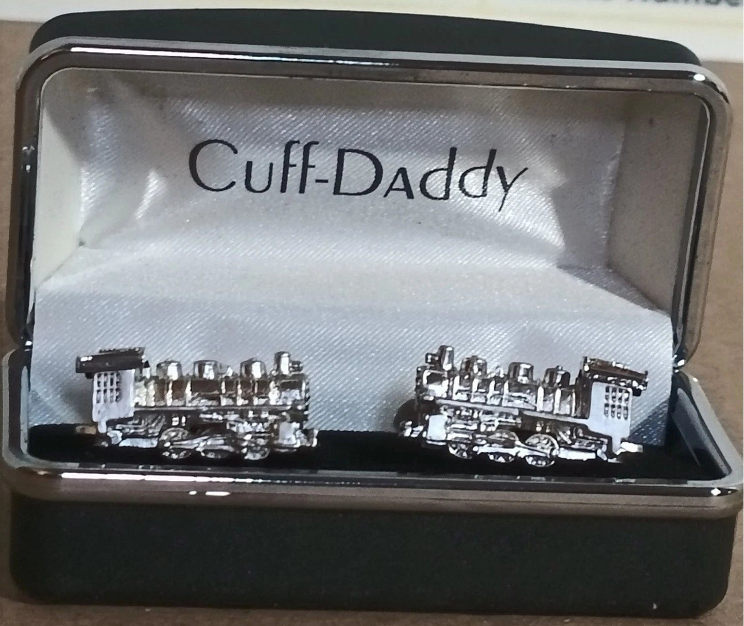 Cuff-Daddy Silver Locomotive Train Cufflinks in Box Railroad Gift