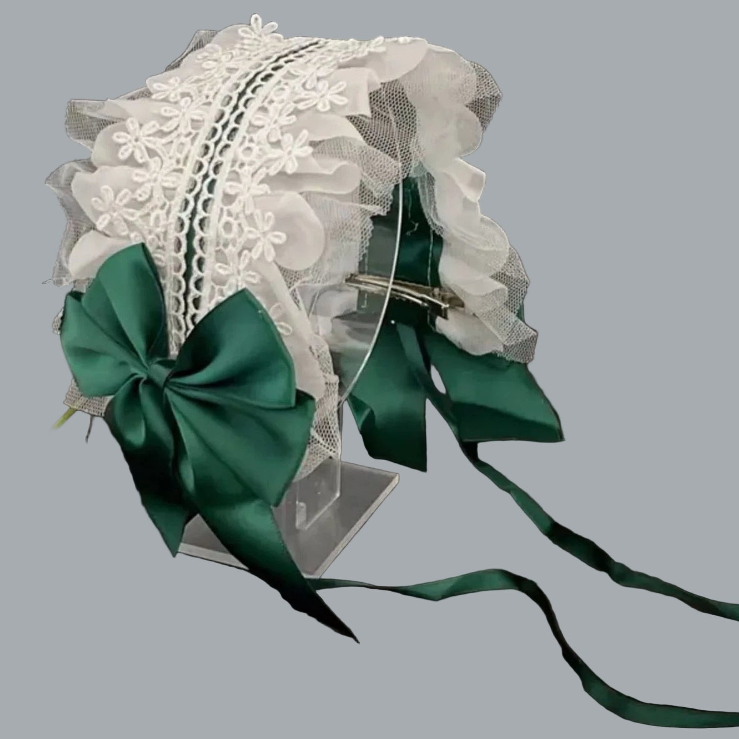 Green & White Lace Party Headband – 12.2" Clip-On Bow Hair Accessory