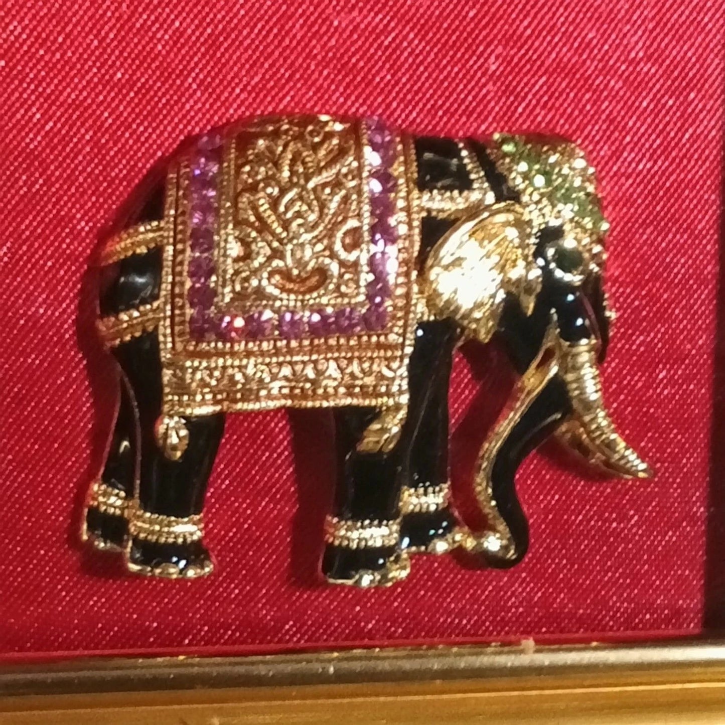 Vintage Jeweled Elephant Brooch Shadow Box Red Velvet Frame Decor