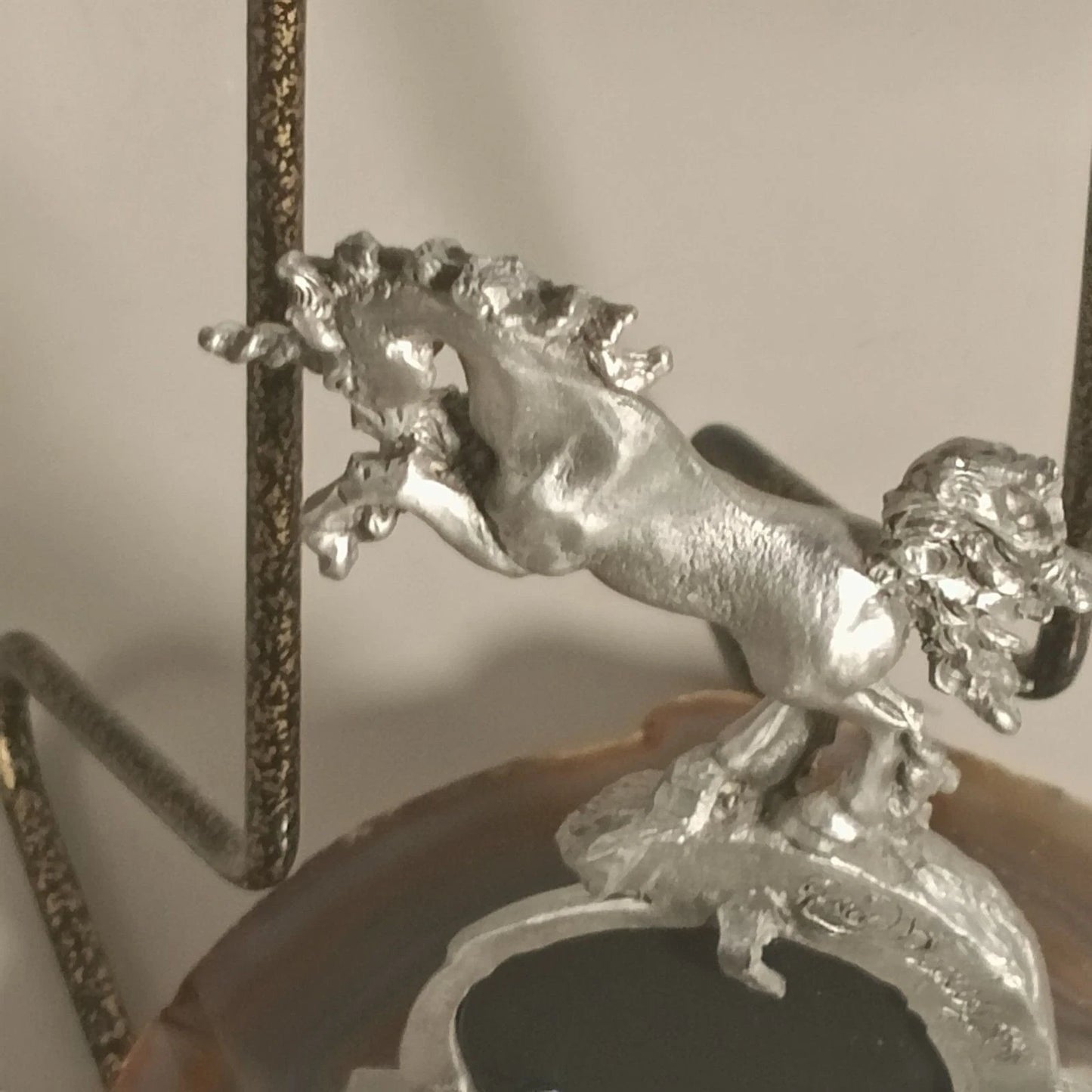 Greg Neeley Pewter Unicorn on Agate Slice Moon & Stars Hologram #4492