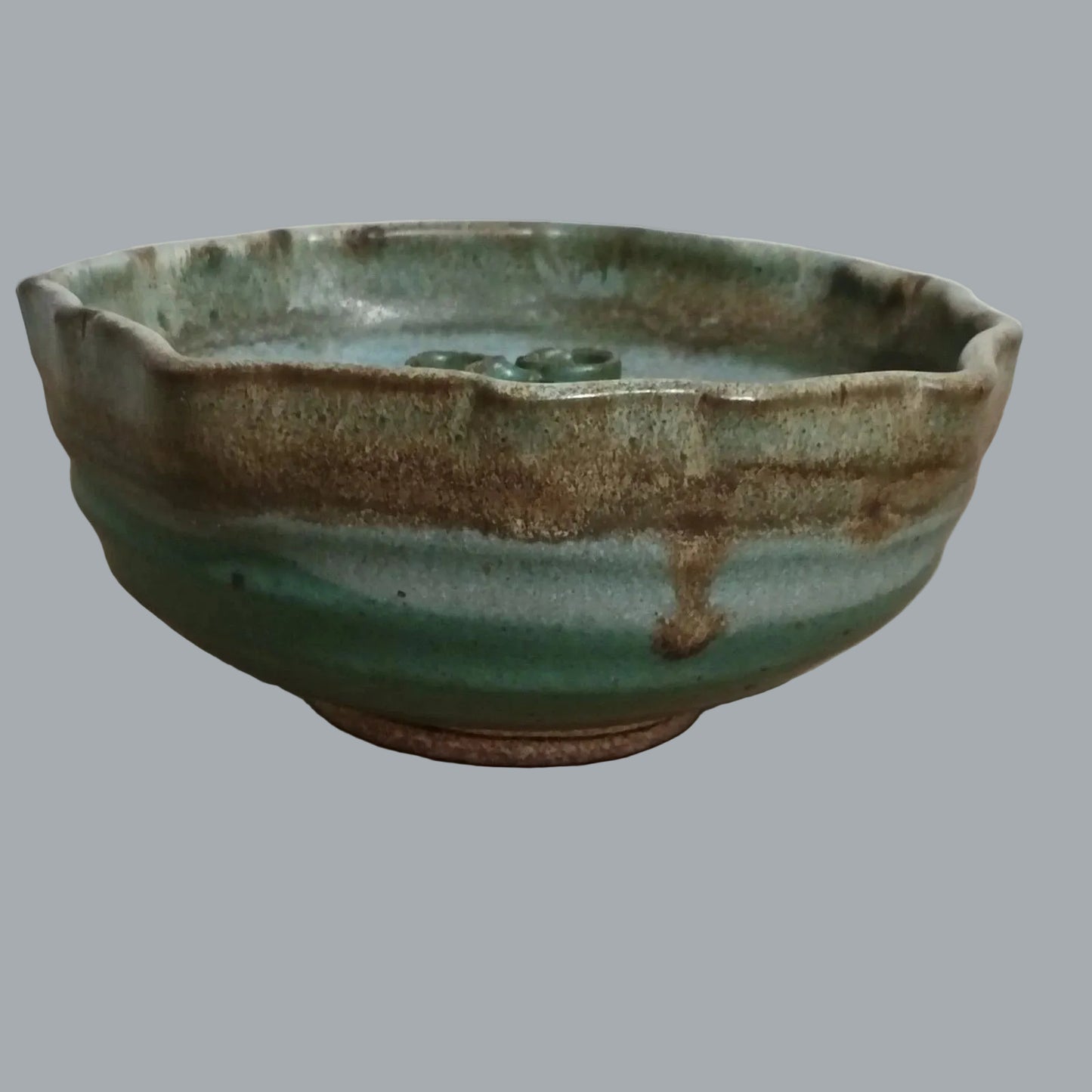 Studio Pottery Ikebana Flower Bowl Vase w/ 3 Tube Frog Green Blue Glaze