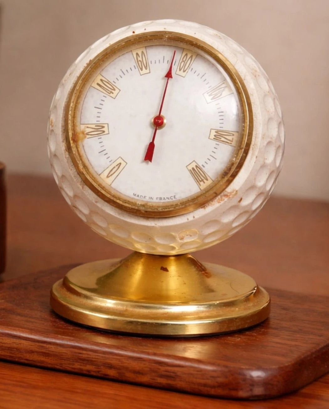 Vintage French Brass Desk Thermometer Golf Ball Style 4"x2.5"