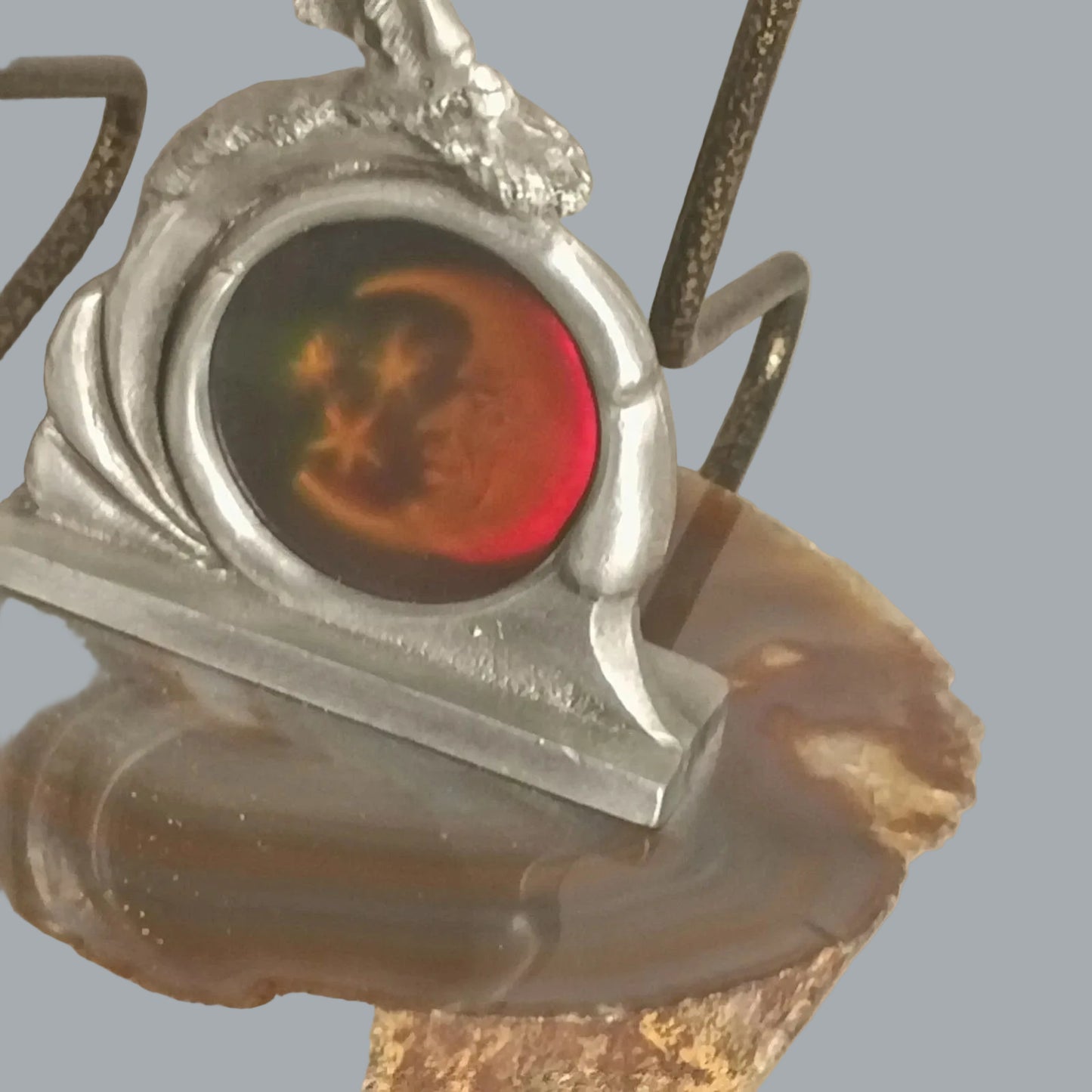 Greg Neeley Pewter Unicorn on Agate Slice Moon & Stars Hologram #4492