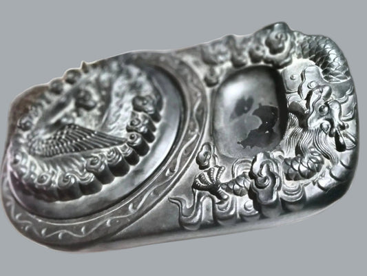 Carved Dragon & Phoenix Chinese Inkstone Yantai Real Stone 9.5” w/ Lid (Chip)