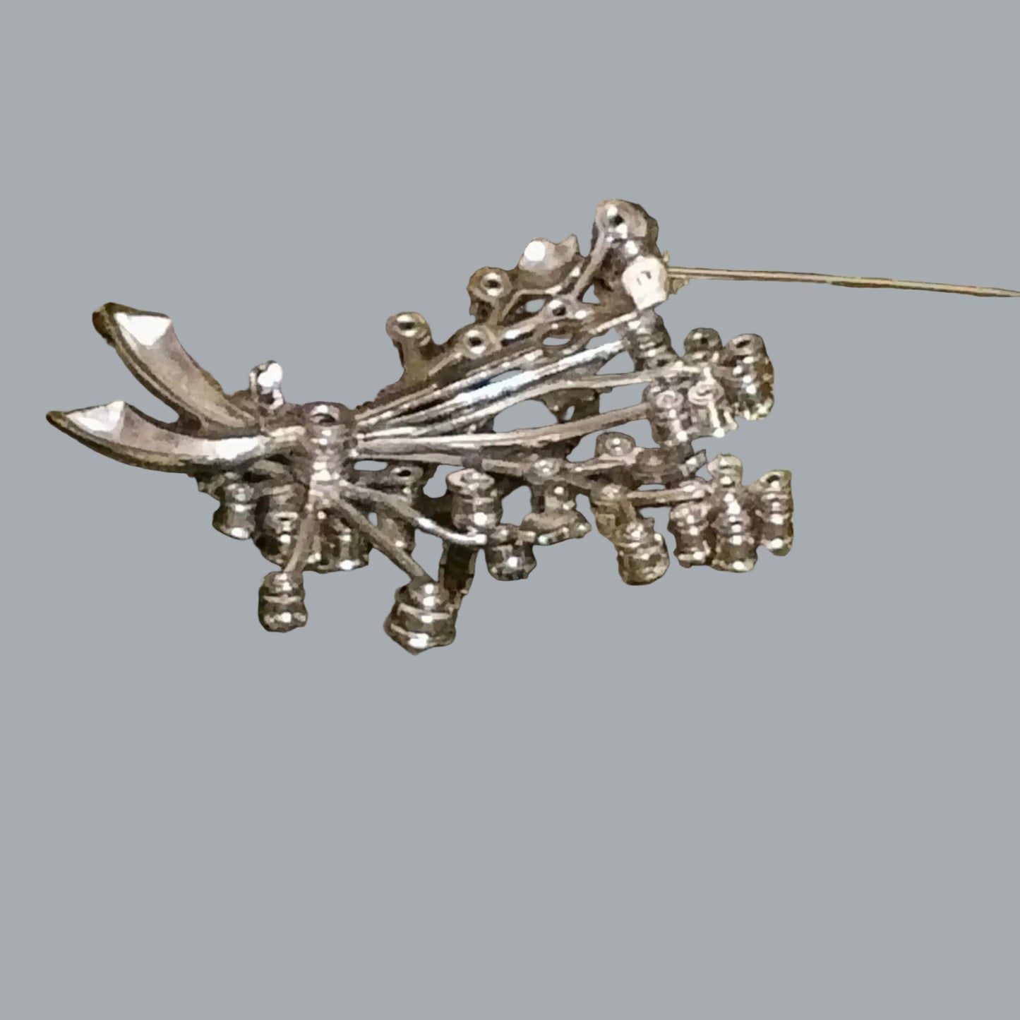 Vintage Rhinestone Floral Spray Brooch Silver Tone 2.25 x 1.75 in