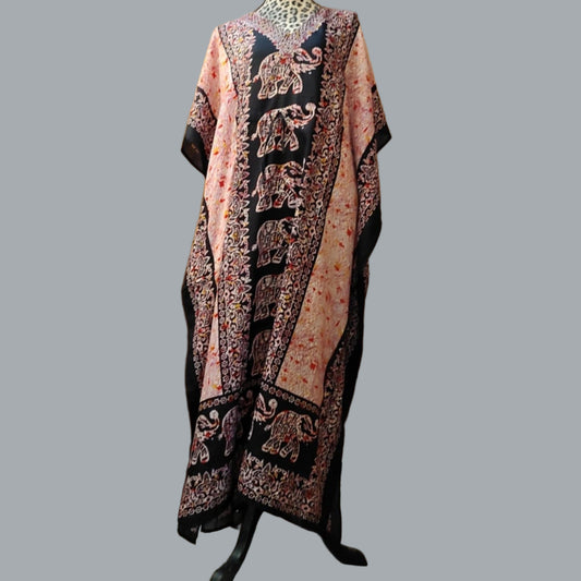 Women Long Kaftan Women One Size Maxi Dress Beach Caftan Poncho Black Elephant