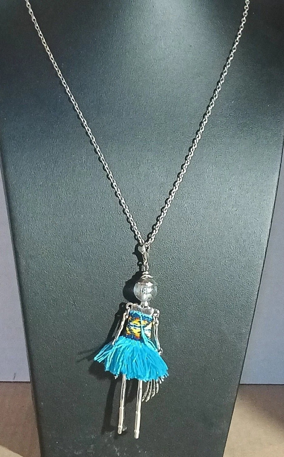 Boho Doll Pendant Necklace 28" Silvertone Chain Turquoise Fringe 4.5"
