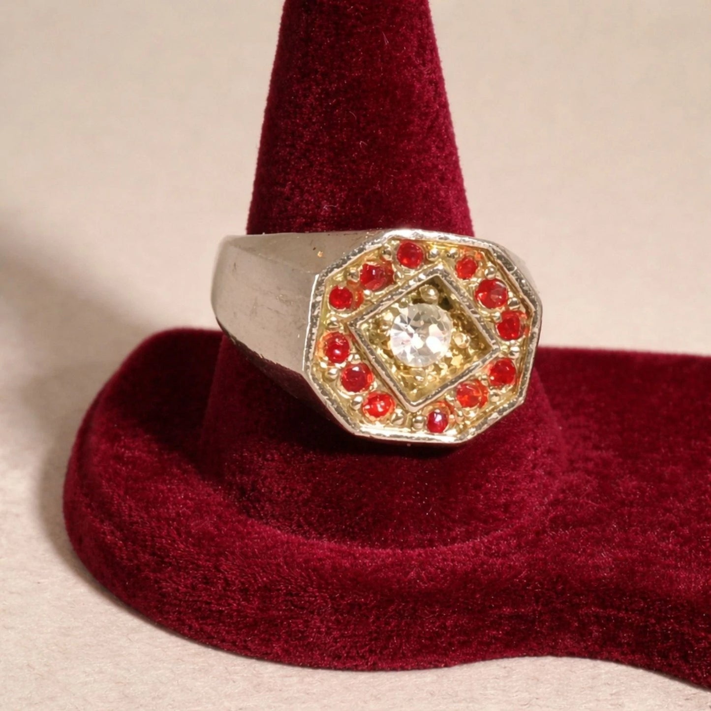 Vintage Red Rhinestone Halo Statement Ring Silver Tone Octagon Retro
