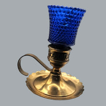Load image into Gallery viewer, Pair of Vintage Brass Candlestick Holders &amp; Blue Hobnail Glass Hurricane Shades

