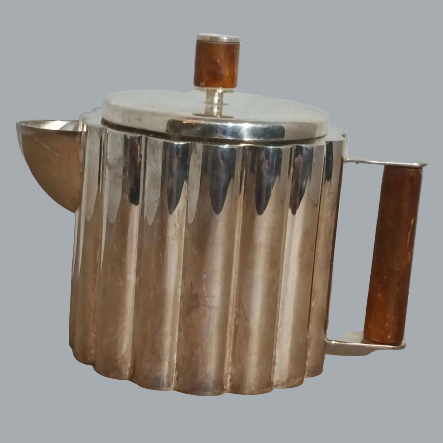 Modernist silverplate teapot wood handle Made in India 5in tall