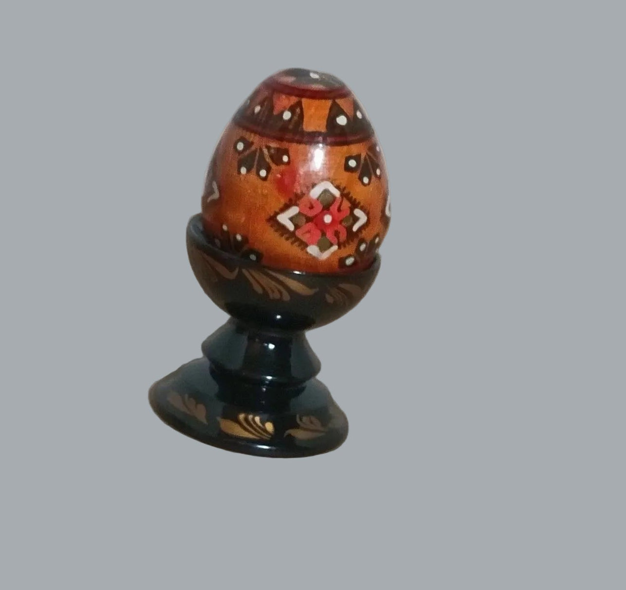Handcrafted Ukraine Painted Wooden Egg Set w/ Stand 4pc 2.5-1.5in