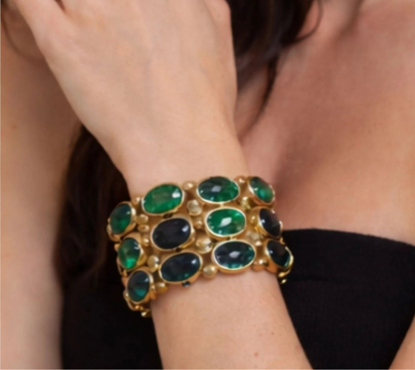 Gold Tone Green Oval Stone Stretch Bracelet 8" x 2" Chunky Statement