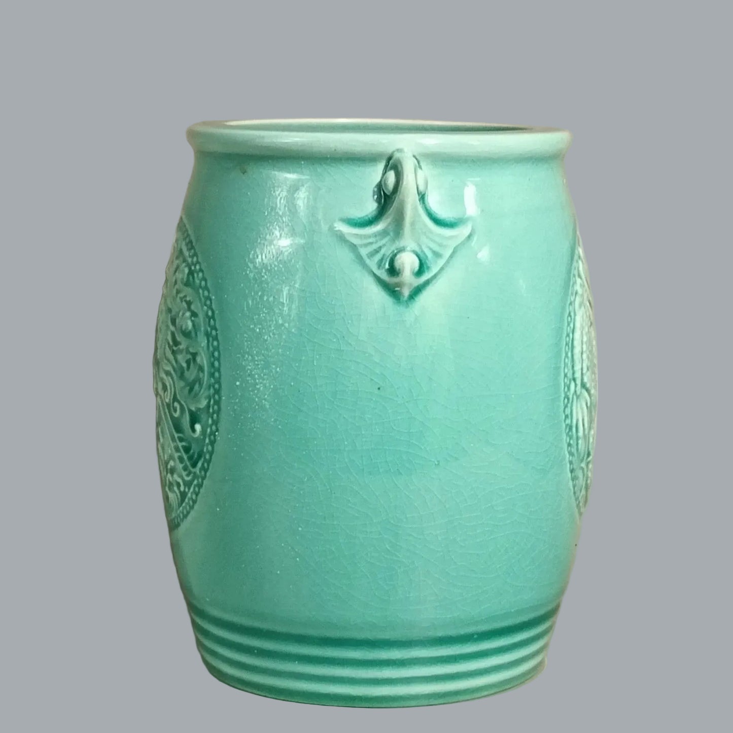 Vintage Celadon Dragon Phoenix Vase Crackle Glaze 5" Turquoise