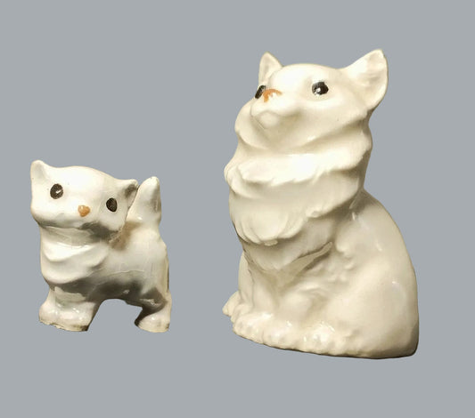 Mini White Ceramic Cat & Kitten Figurines Pair 1.5” & 0.75” Vintage