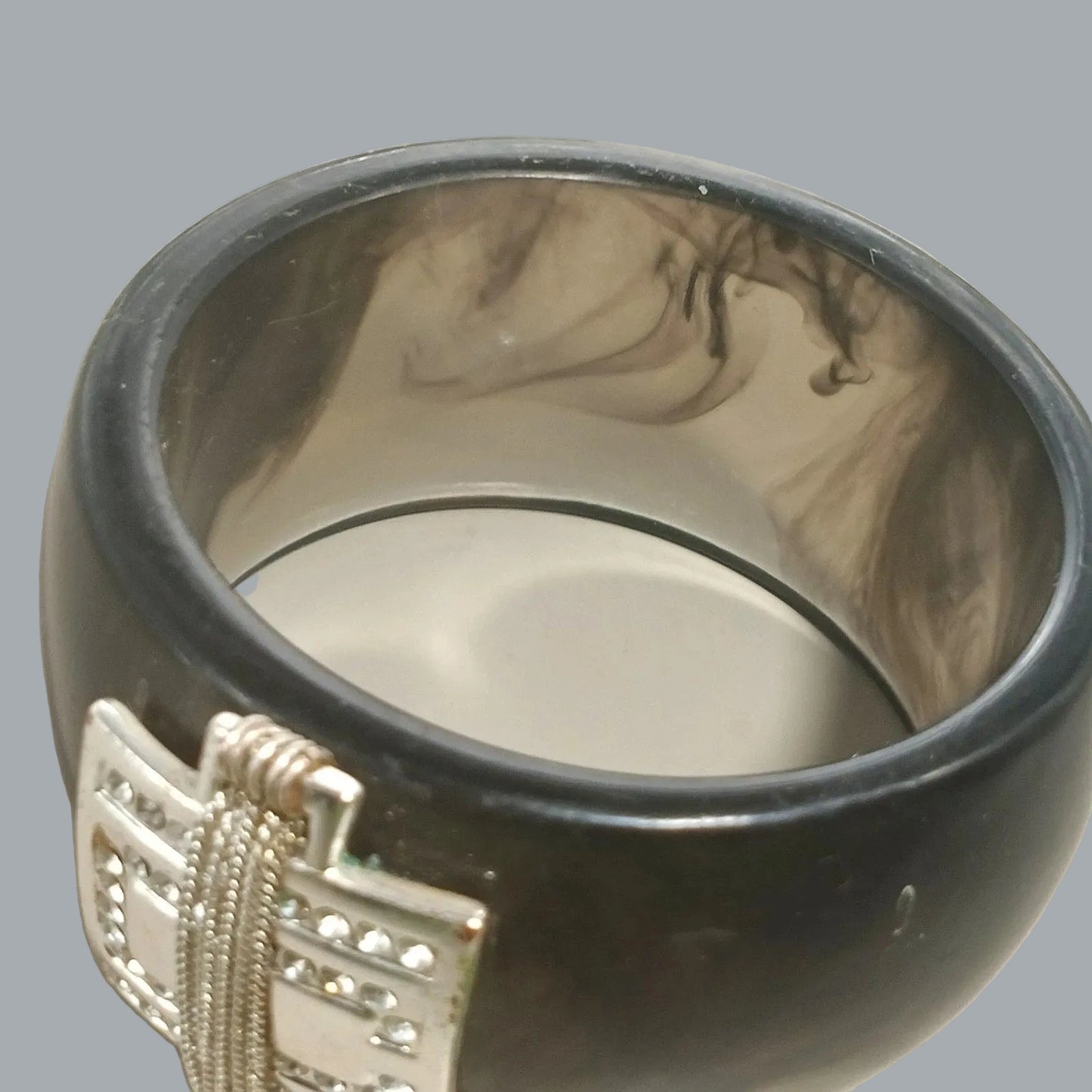 Chunky Gray Marble Lucite Bangle Bracelet Rhinestone Silver Tone Centerpiece