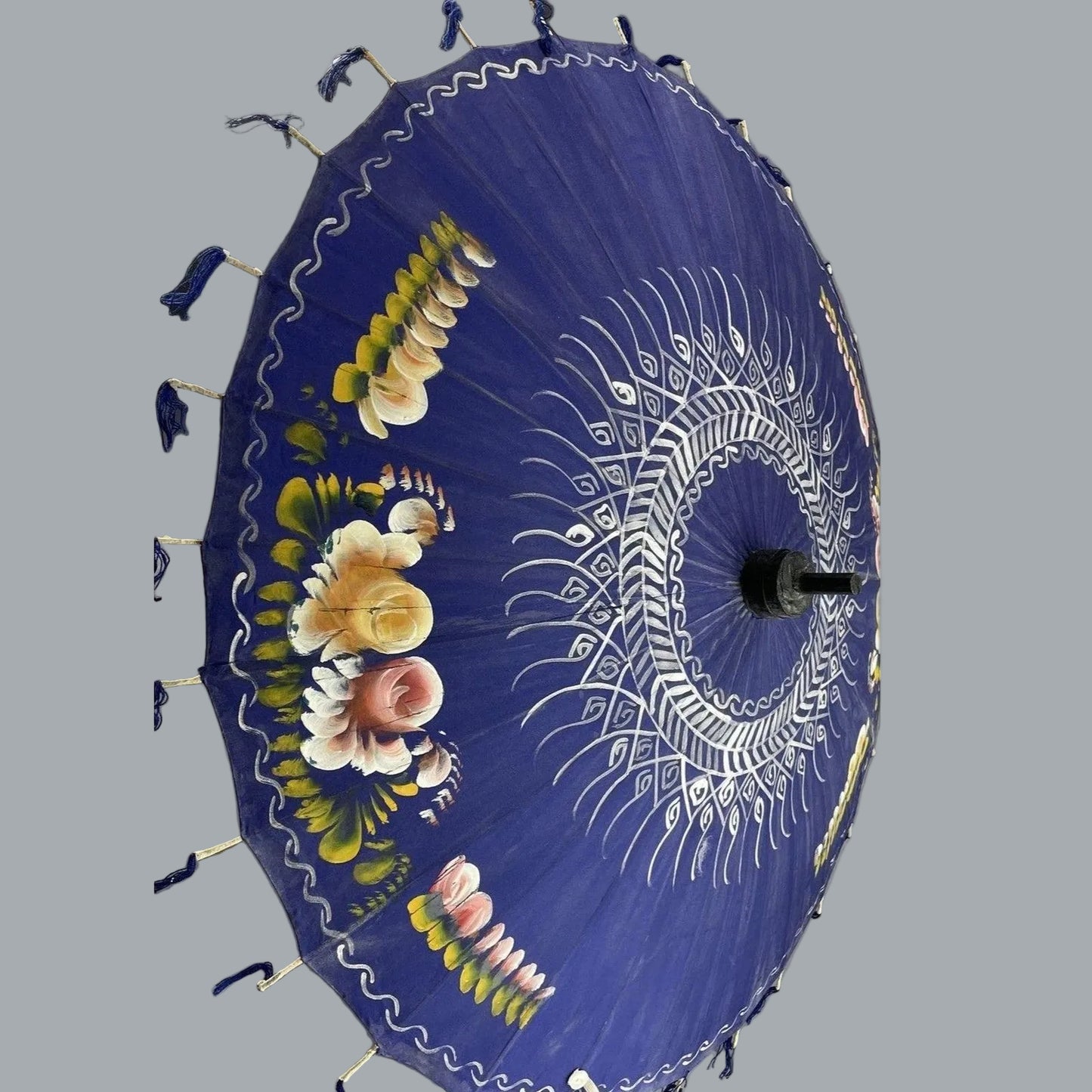 Vintage Blue Hand Painted Asian Parasol Wood Handle 25" Umbrella