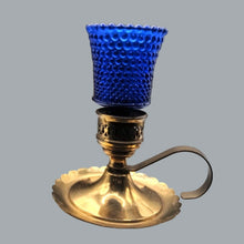 Load image into Gallery viewer, Pair of Vintage Brass Candlestick Holders &amp; Blue Hobnail Glass Hurricane Shades
