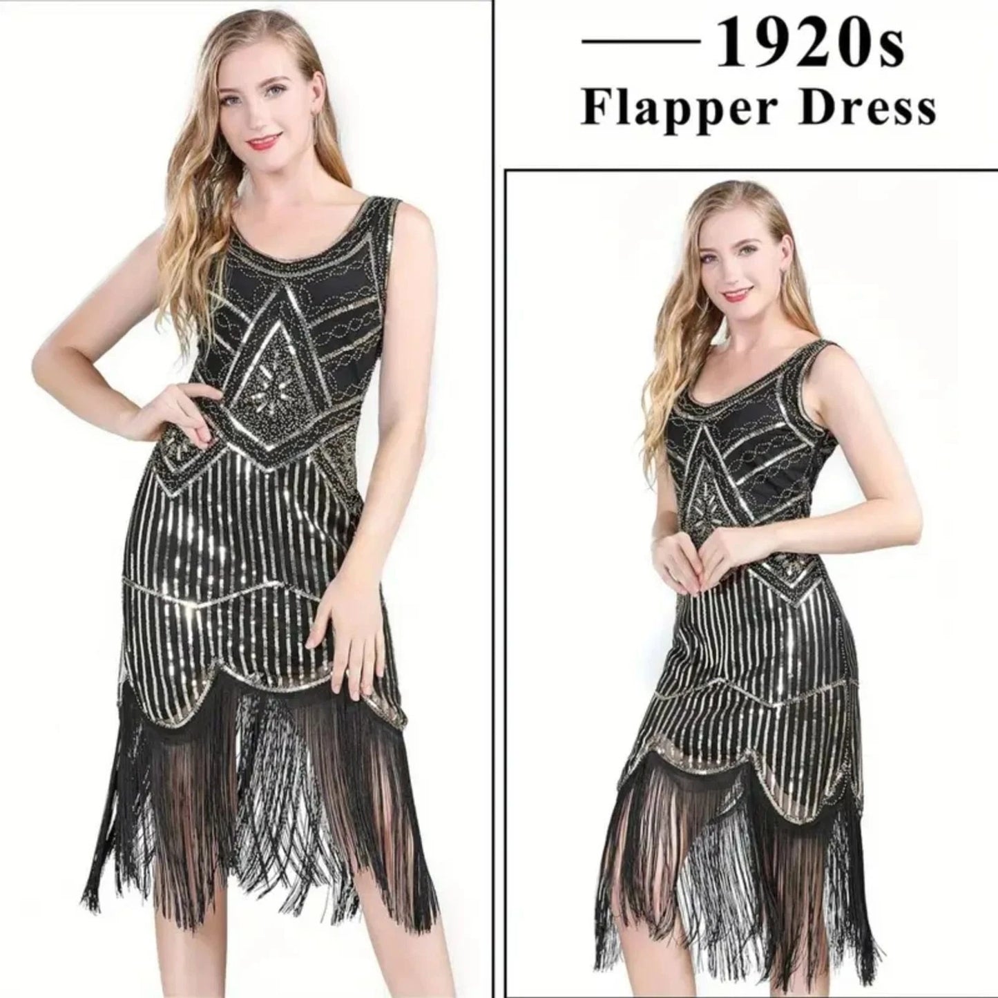 1920s V-Neck Sequin Beaded Fringed Dress Black Golden XL with 20s Accessorie Set