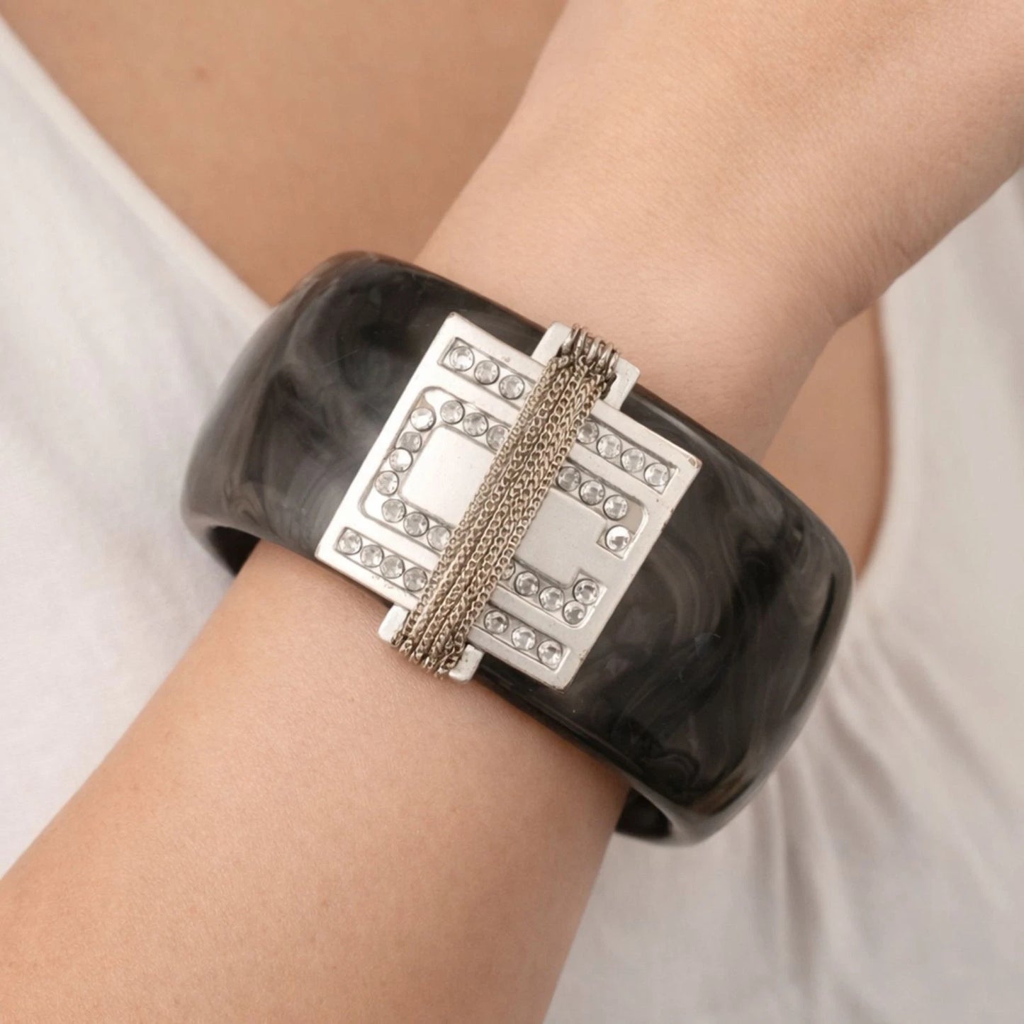 Chunky Gray Marble Lucite Bangle Bracelet Rhinestone Silver Tone Centerpiece