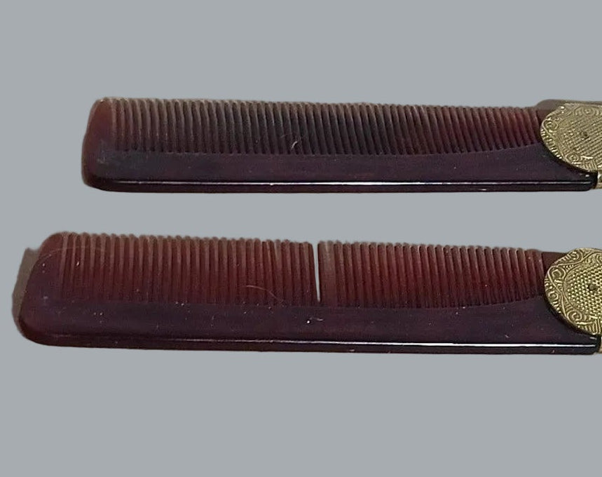 2pc Stratton England Folding Pocket Comb Set Gold-Tone Case 1 Tooth Missing