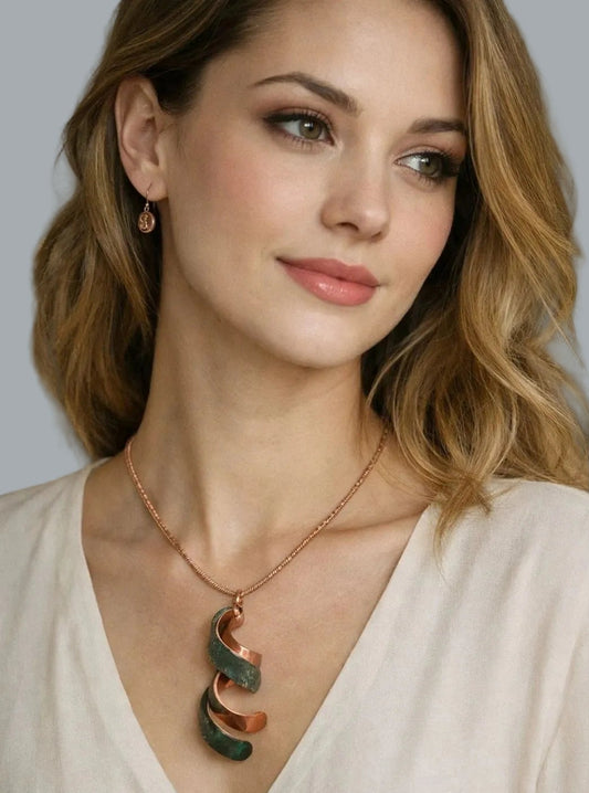 Copper Spiral Pendant Necklace Verdigris Patina Boho 20" + Extender