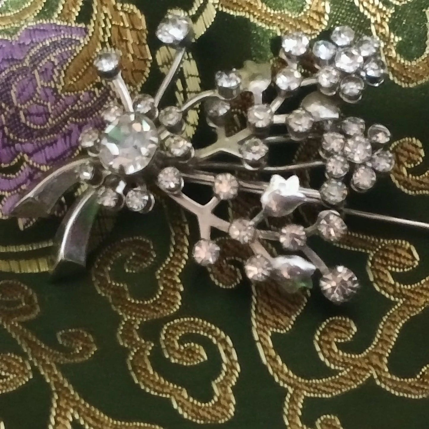 Vintage Rhinestone Floral Spray Brooch Silver Tone 2.25 x 1.75 in
