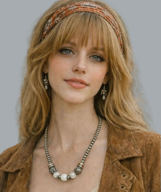 Boho Metallic Bead Necklace 23" Silver Tone Accent Beads & White Beads