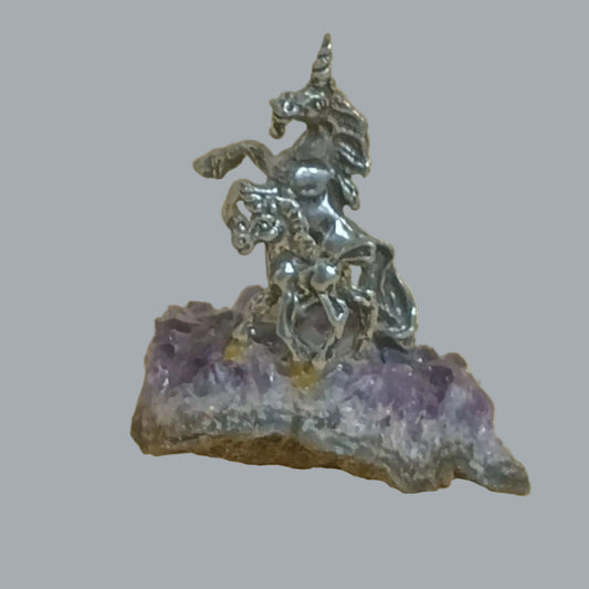 Pewter Unicorn Figurine on Amethyst Crystal Cluster Acrylic Base 3"x2"