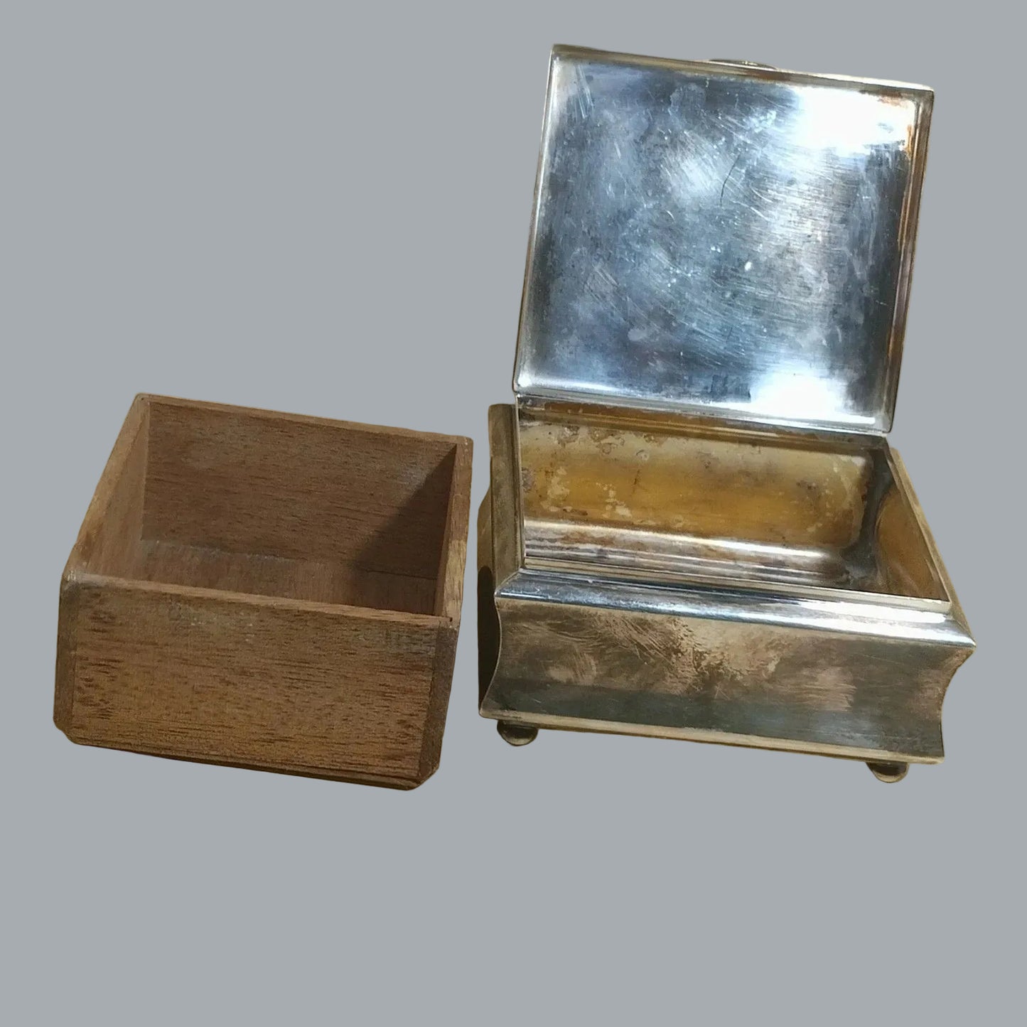 WMF Ikora Germany Silverplate Trinket Box w/ Wood Insert 4"x4"