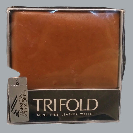 American Accessories Tan Brown Leather Trifold Mens Wallet NIB Vintage
