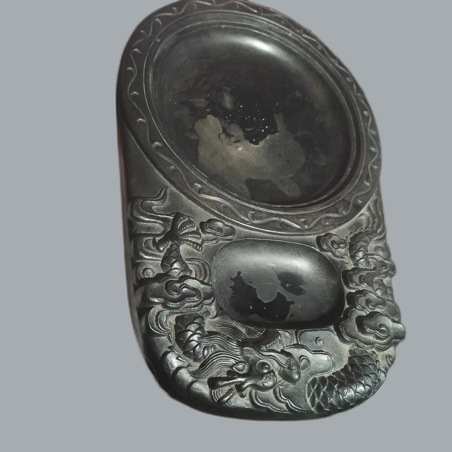 Carved Dragon & Phoenix Chinese Inkstone Yantai Real Stone 9.5” w/ Lid (Chip)