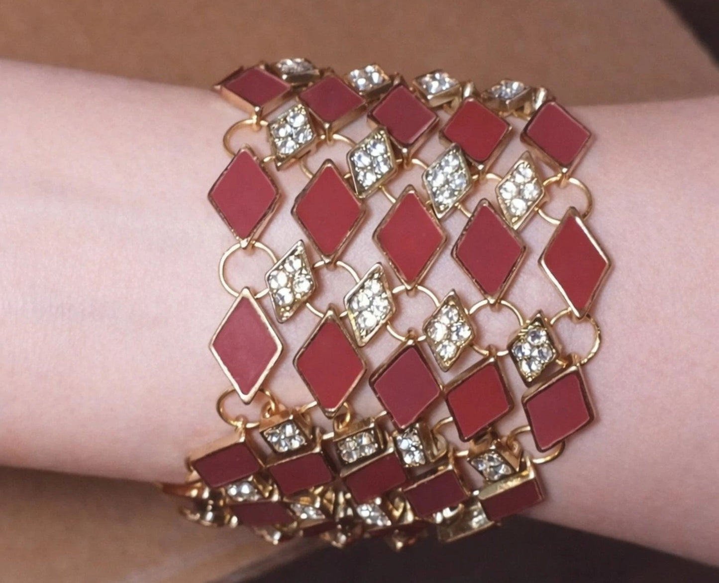 Red Enamel & Rhinestone Gold Tone Art Deco Link Bracelet Wrap Style