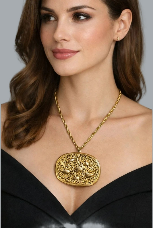 Vintage Goldtone Abstract Filigree Pendant Necklace 18” Large Oval