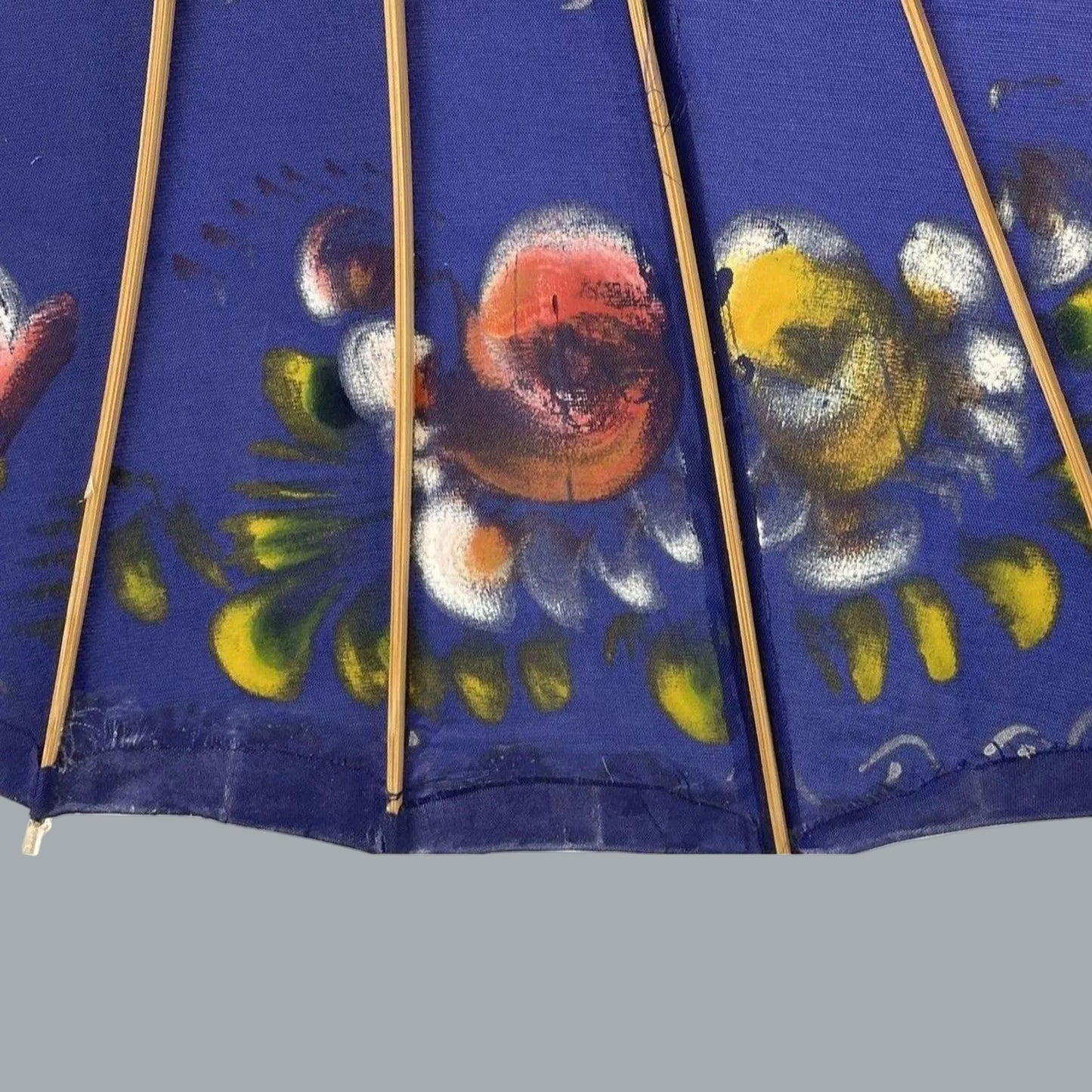 Vintage Blue Hand Painted Asian Parasol Wood Handle 25" Umbrella