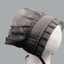 Load image into Gallery viewer, Black Elegant Lace-Trimmed Ruffled Bonnet with Black Bow Accent
