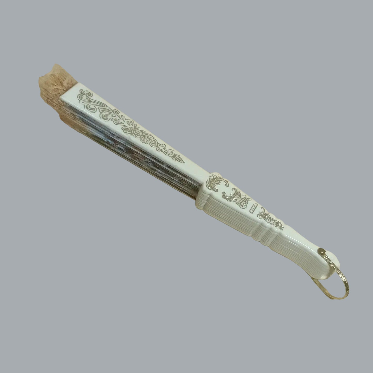 Vintage Style Lace Folding Hand Fan White & Gold Pastoral Scene 20"