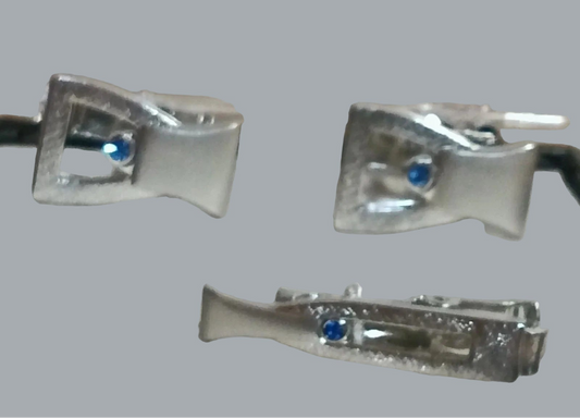 Mens Vintage Silver Tone Buckle Cufflinks Tie Clip Blue Rhinestone